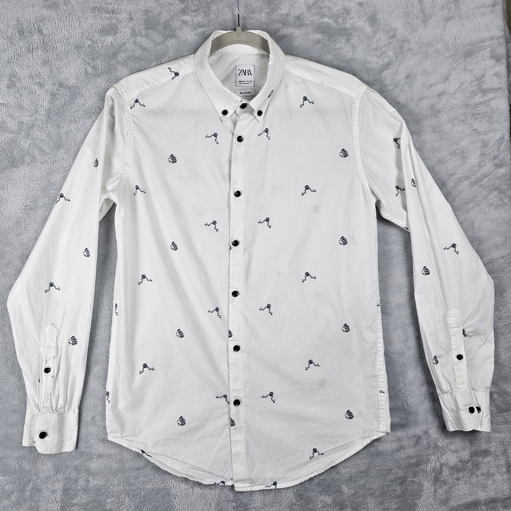 Zara Long Sleeve Shirt Mens Size Medium Relaxed Fit Button Up Motorcycle White